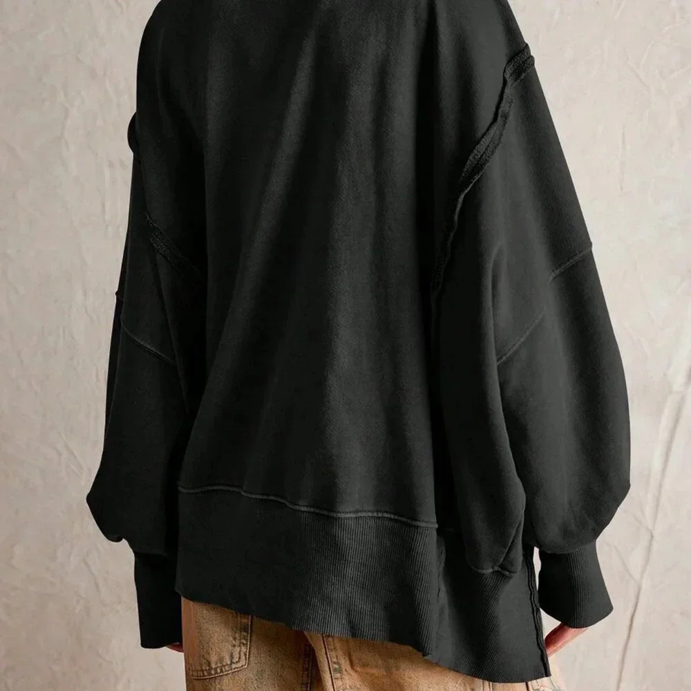 Black Casual Women's Split Lantern Sleeve Polo Collar Sweatshirt - Picture 2 of 3